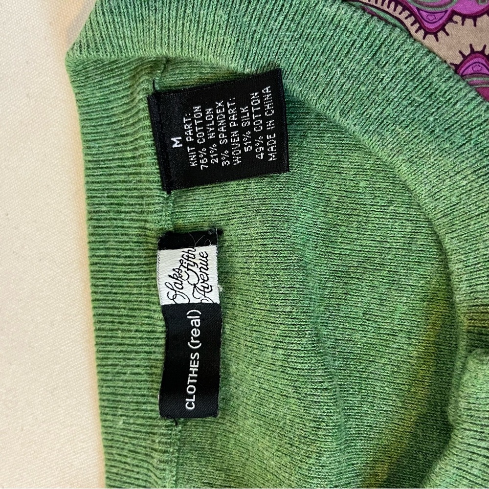 Saks Fifth Avenue Classic Green Cotton‎ and Purple Silk Blend Cardigan Sweater M - Picture 13 of 13